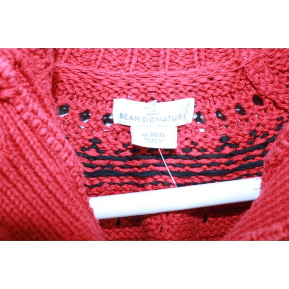 LL Bean Signature Cotton Fisherman Sweater Short Cardigan Fair Isle Red Size M - Picture 7 of 10